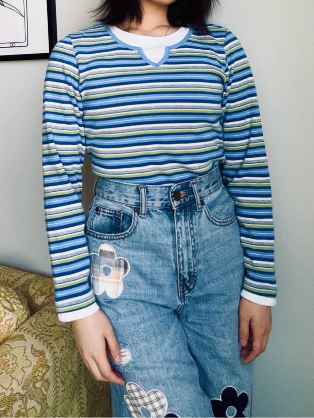 Y2K Faded Glory 100% cotton blue striped long sleeve shirt